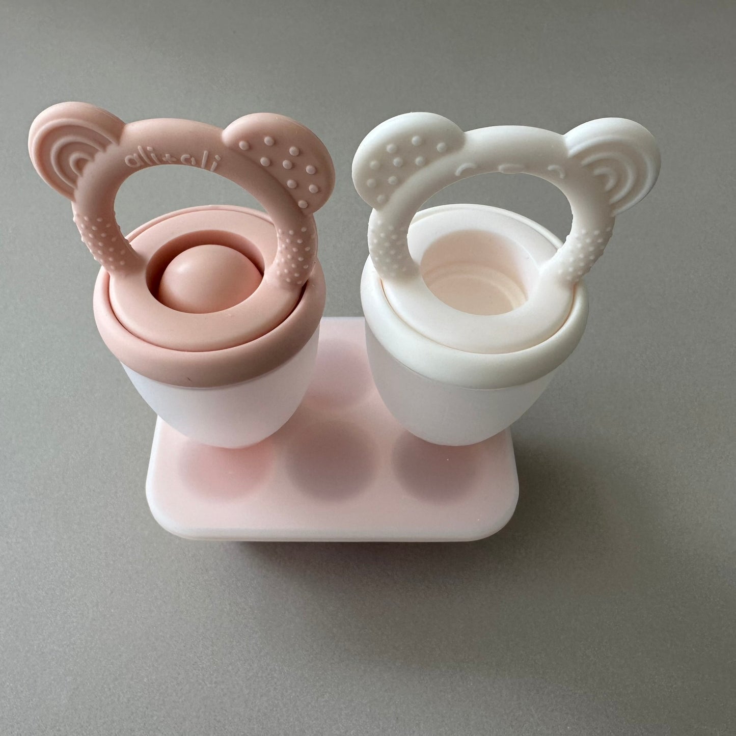 Food & Fruit Feeder Pacifier 3pc Set for Baby (Pink & White) with Freezer Tray