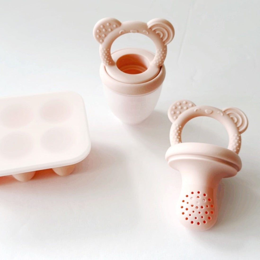 Food & Fruit Feeder Pacifier 3pc Set for Baby (Pink & Pink) with Freezer Tray