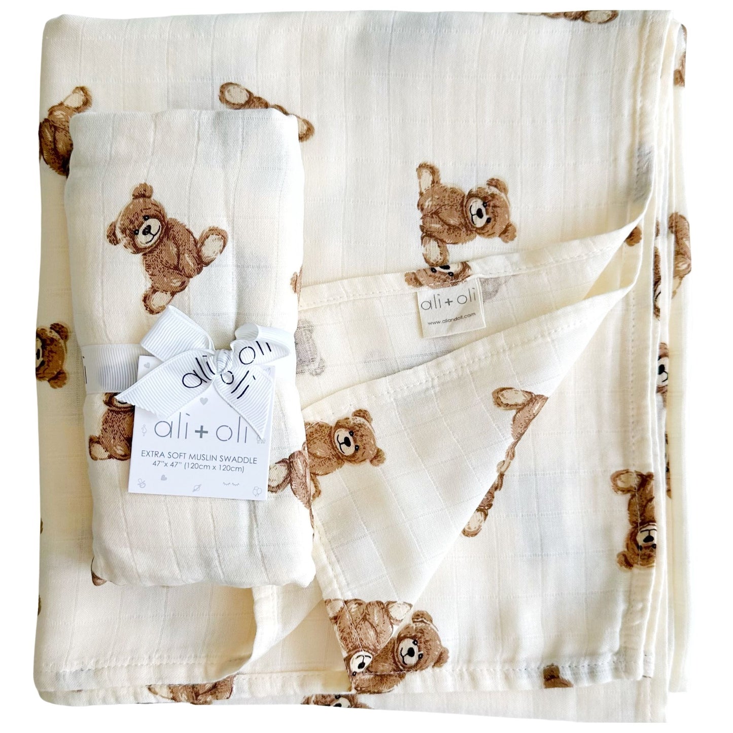 Ali+Oli Muslin Swaddle Blanket (Teddy Bear)