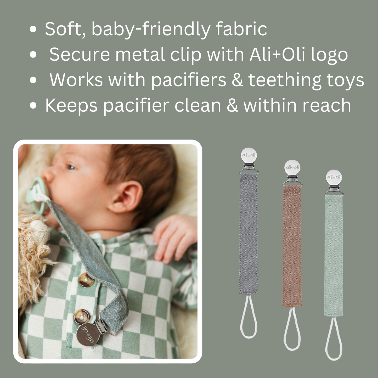 Ali+Oli Pacifier Clips (set of 3) Linen - Forest