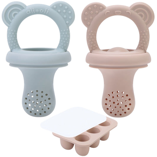Food & Fruit Feeder Bear Pacifier Set for Baby (Taupe & Mist) with Freezer Tray