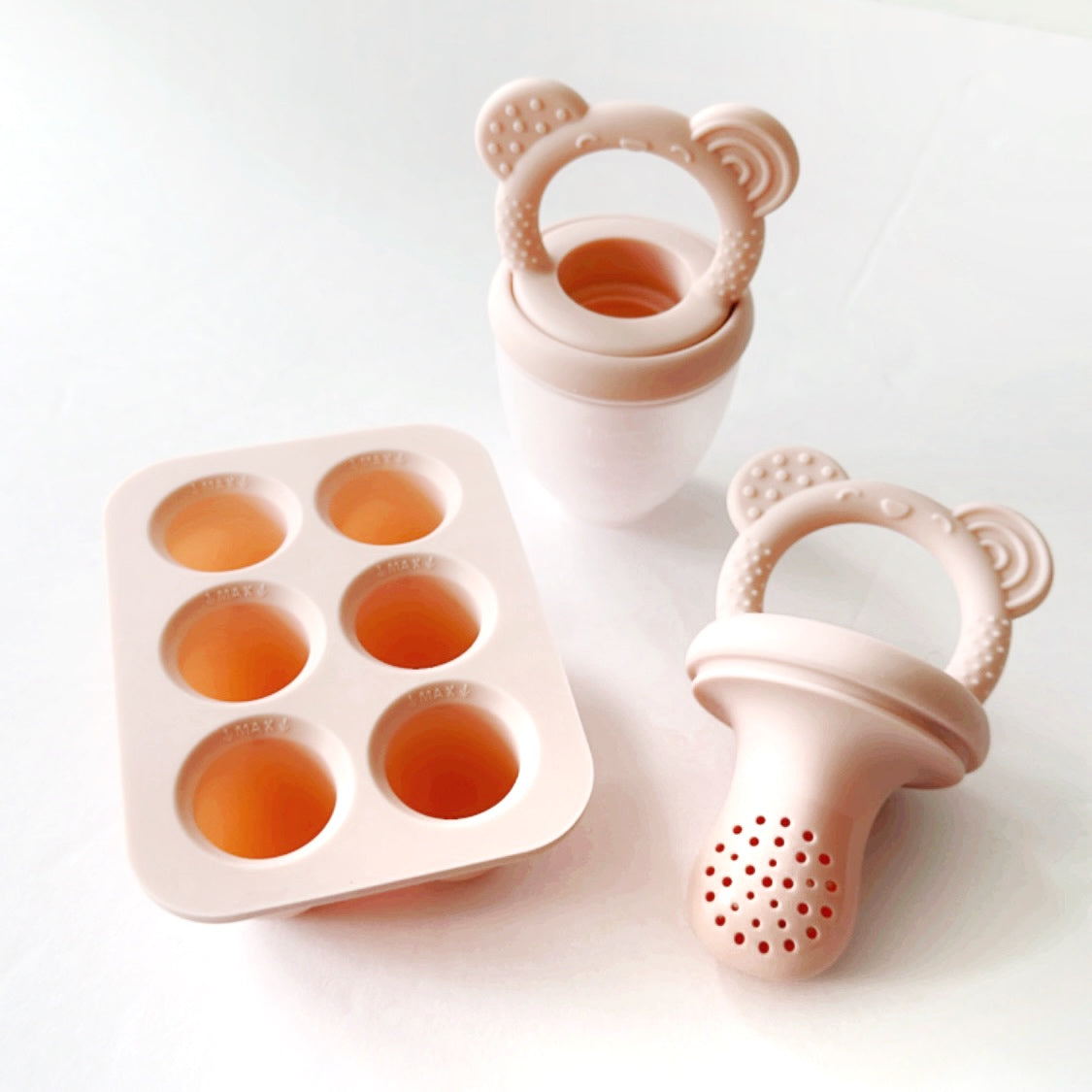 Food & Fruit Feeder Pacifier 3pc Set for Baby (Pink & Pink) with Freezer Tray