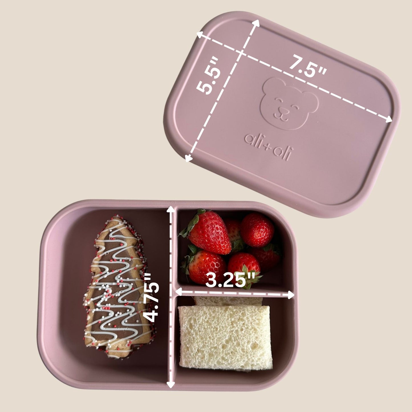 Ali+Oli Reusable Silicone Bento Box - 3 Compartments - Leakproof (Rose)