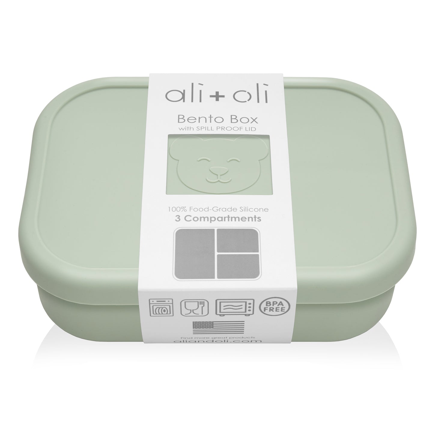 Ali+Oli Reusable Silicone Bento Box - 3 Compartments - Leakproof (Pine)