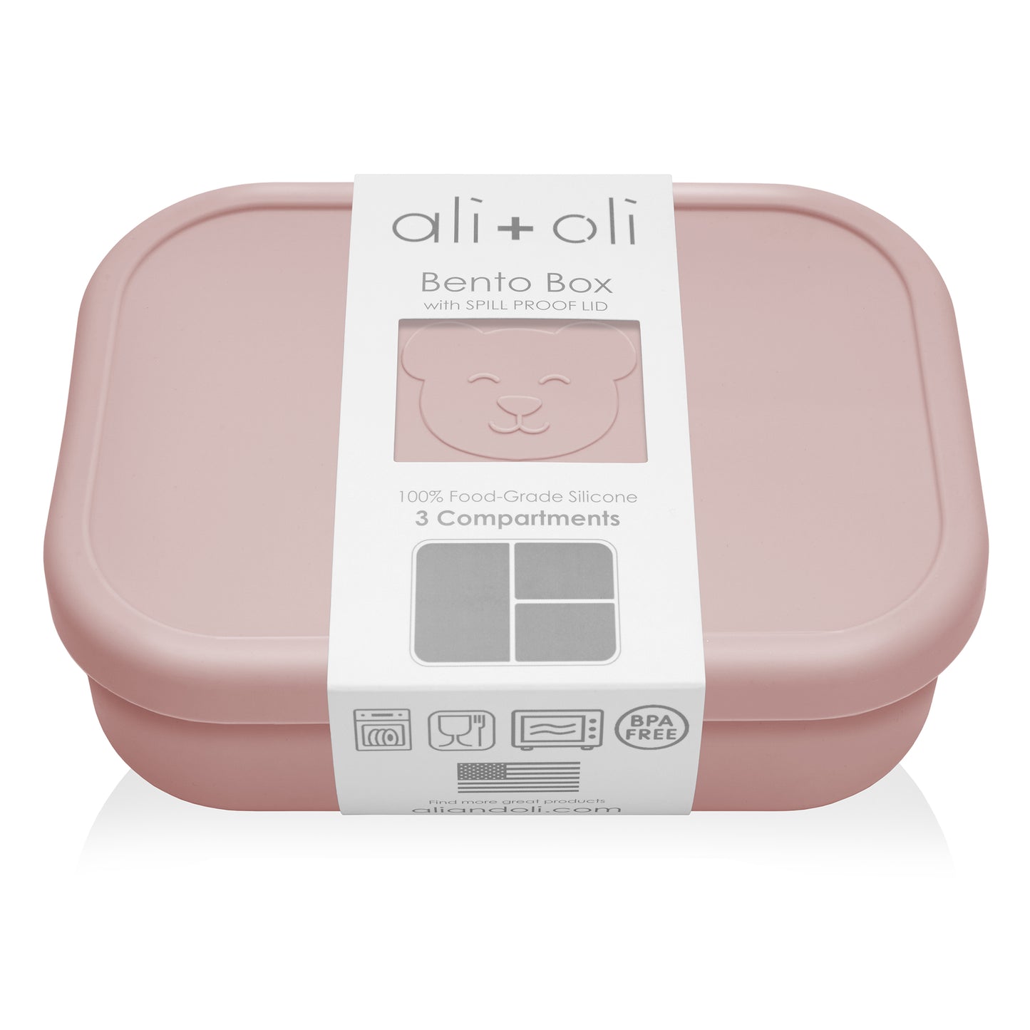 Ali+Oli Reusable Silicone Bento Box - 3 Compartments - Leakproof (Rose)