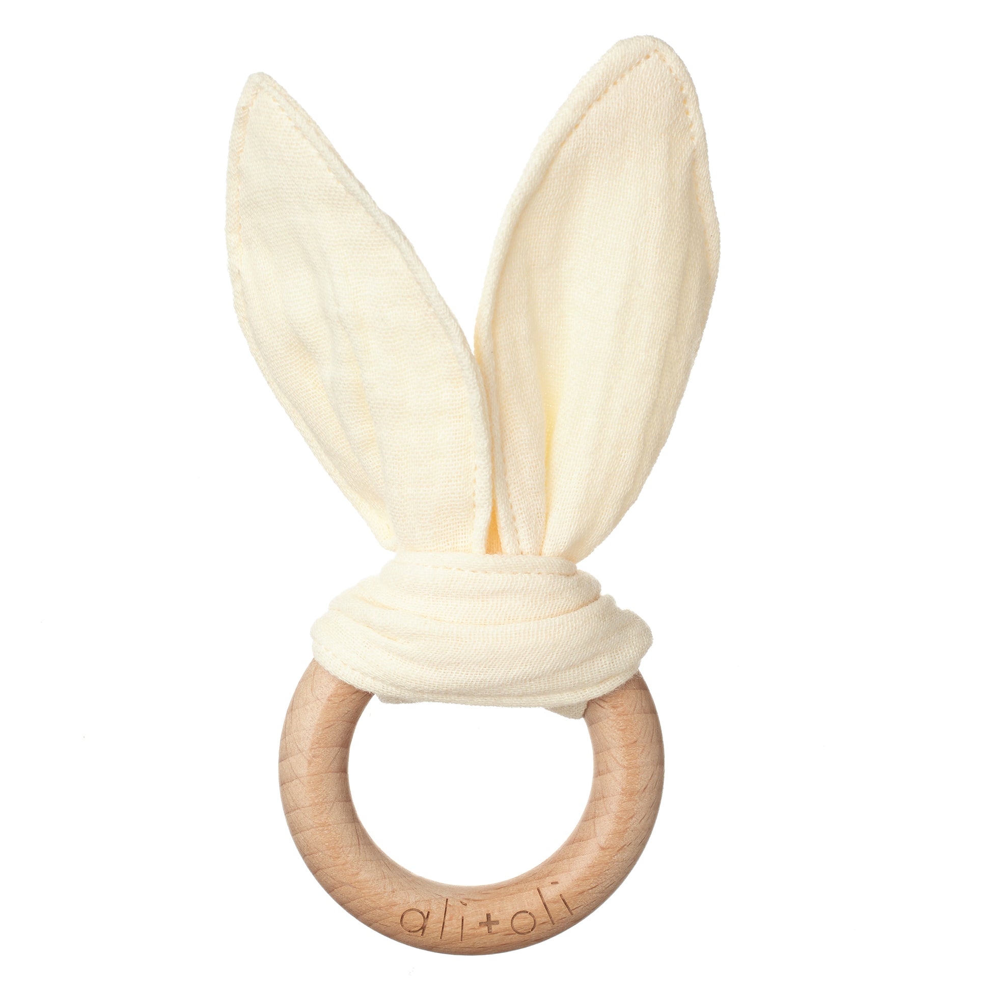 Crinkle Bunny Ears Wooden Ring Teething Toy for Baby (Beige) – Ali+Oli®