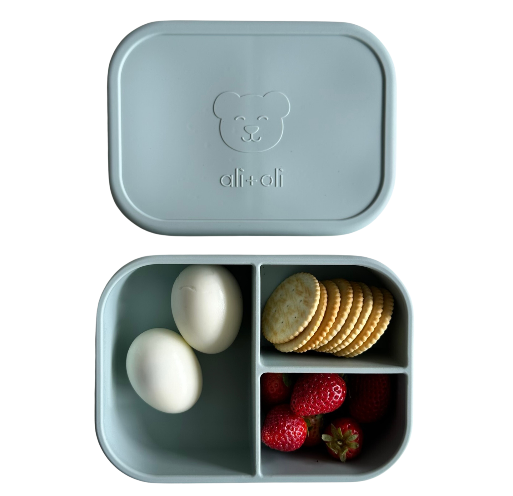 Ali+Oli Reusable Silicone Bento Box - 3 Compartments - Leakproof (Blue)