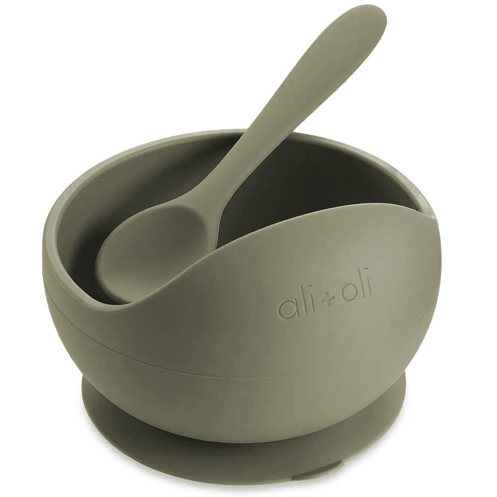Ali and Oli Suction bowl and spoon set for baby shown in Sage color