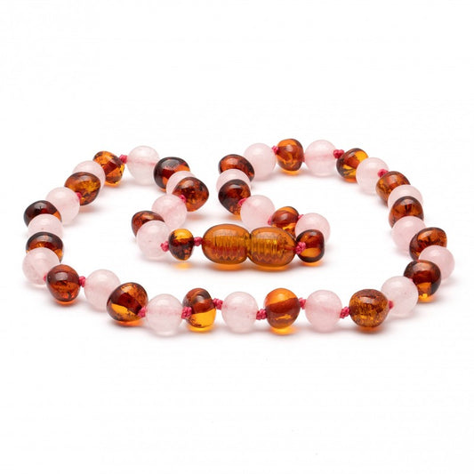 Amber & Gemstone Necklace Break Away Clasp (Cognac/Rose)