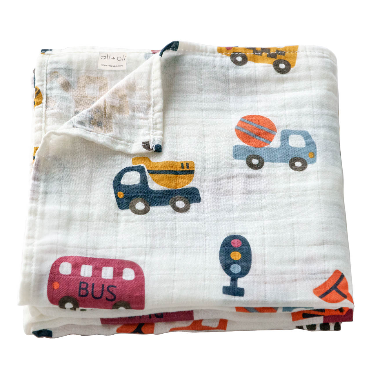 Ali+Oli baby brand swaddle blanket for baby with cute transportation icons