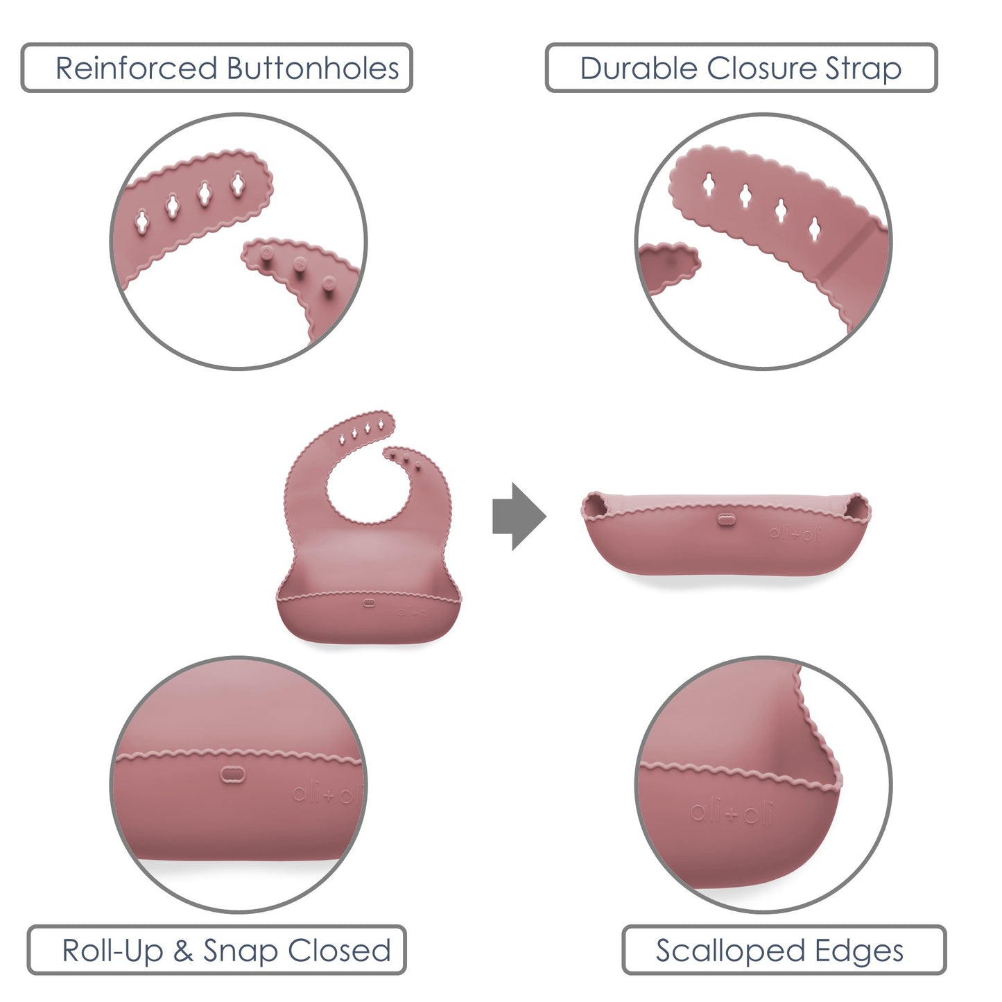 Ali+Oli Silicone Roll-Up Baby Bib (Dusty Rose) Wavy Edge
