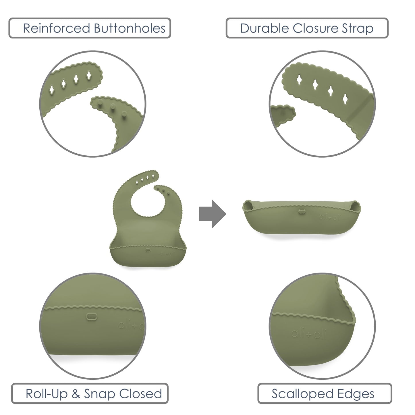 Ali+Oli Silicone Roll-Up Baby Bib (Sage) Wavy Edge