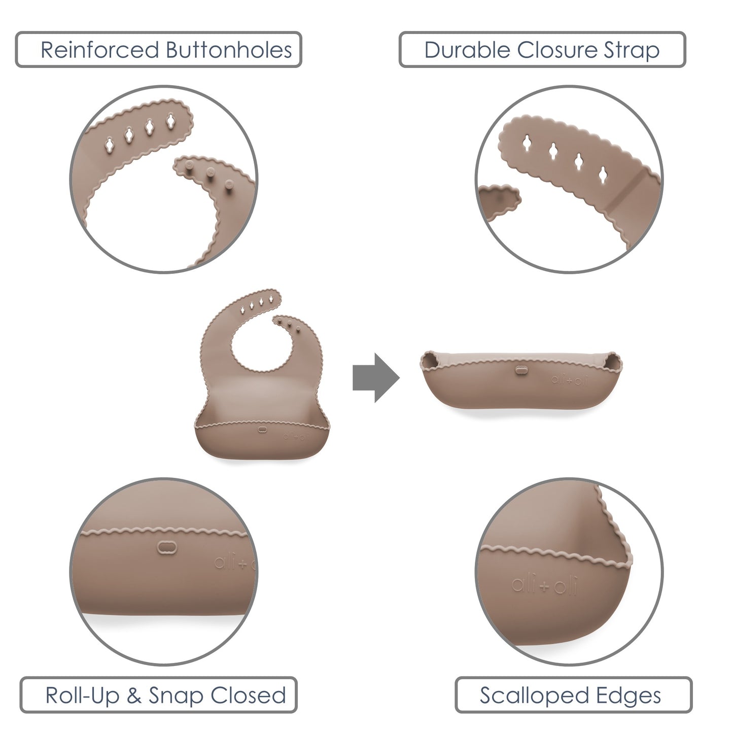 Ali+Oli Silicone Roll-Up Baby Bib (Taupe) Wavy Edge